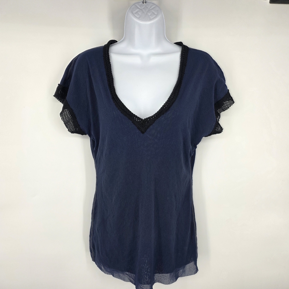 Pete Women's XL Navy Blue V-Neck Top Sheer Mesh Knit Crochet Trim Shirt